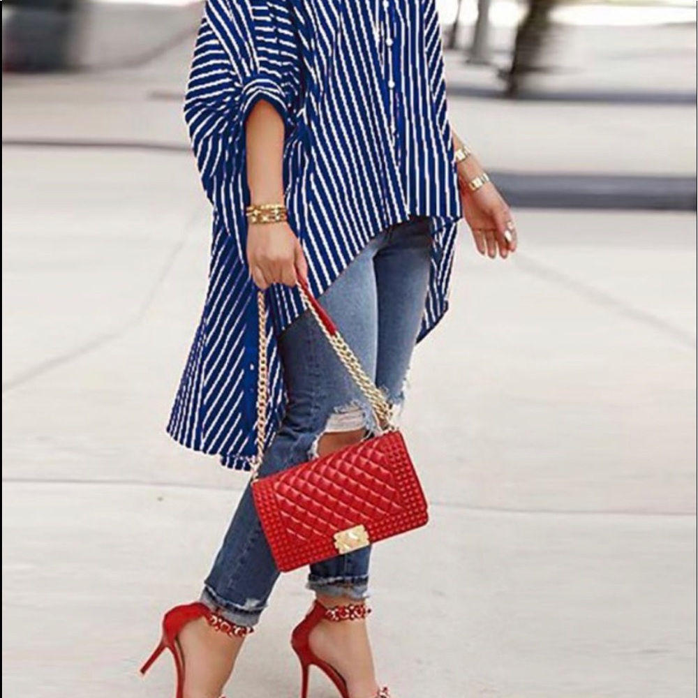 Boho Blue Striped Plus Size Color Block High Low … - image 1